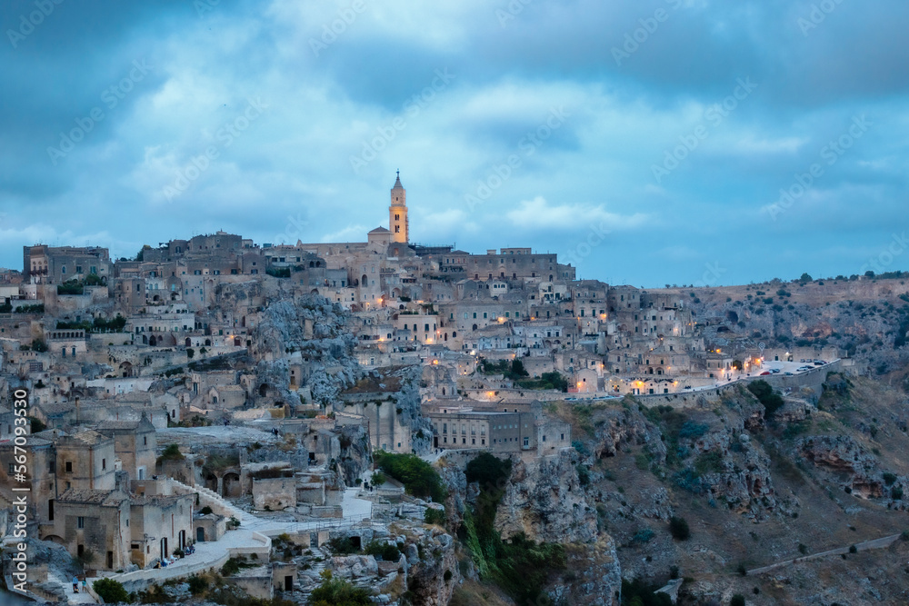 View the old city of Matera during twiligt, Basilicata, Italy - Europe
