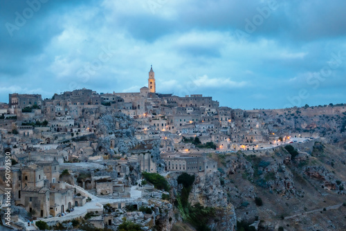 View the old city of Matera during twiligt, Basilicata, Italy - Europe