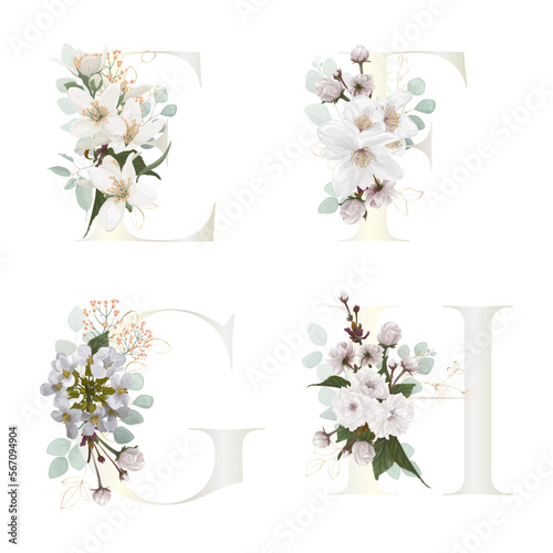 Floral Alphabet. Letters with white botanic springs flowers, branch bouquet composition. Wedding invitations, birthdays. Vector illustration.