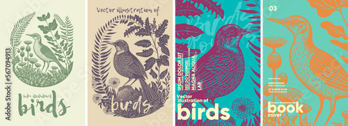 Birds and flowers. Spring. Nature. Engraving style. Typography posters design. Simple pencil drawing. Set of flat vector illustrations. Print, banner, label, cover or t-shirt.