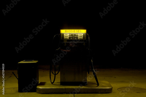 Biodiesel pump at night in Waitsfield, VT. photo