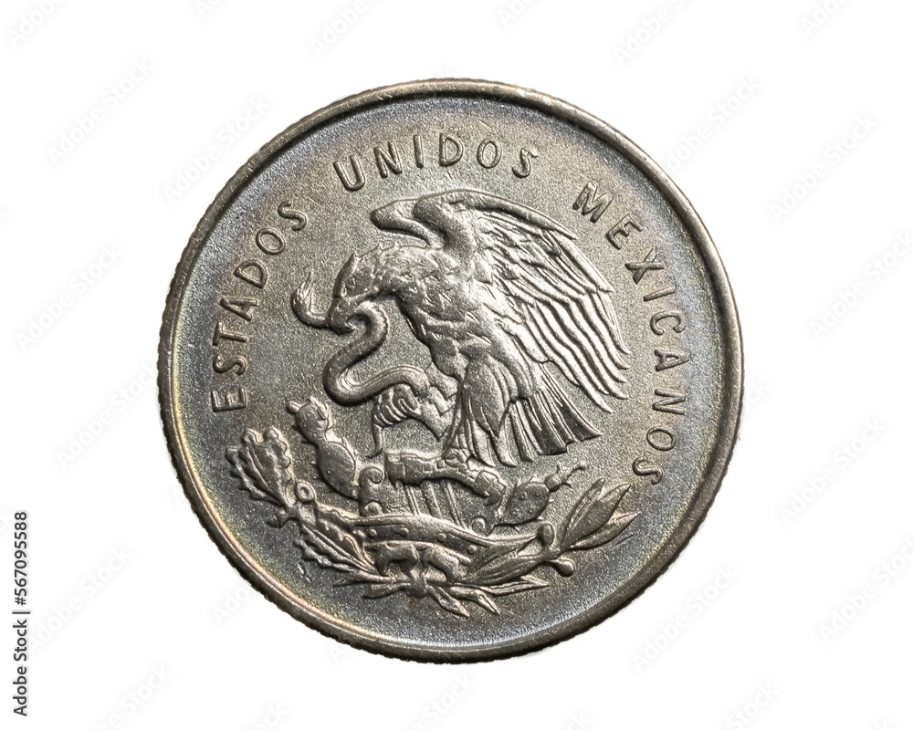 Mexico twenty five centavos coin on a white isolated background Mexico twenty five centavos coin on a white isolated background