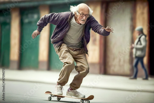 Stampa su tela Old man skateboarding fast. Generative AI.