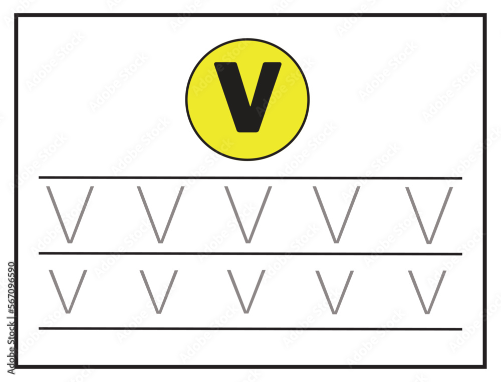 Trace letters V uppercase and lowercase. Alphabet tracing practice preschool worksheet for kids learning English. Activity page for Pre-K, kindergarten. Vector illustration Trace letters V uppercase and lowercase. Alphabet tracing practice preschool worksheet for kids learning English. Activity page for Pre-K, kindergarten. Vector illustration