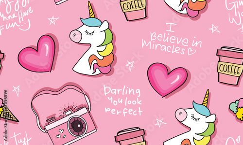 Cute unicorn and hand drawn elements drawings on pink. Seamless pattern, repeated texture background. Vector illustration design.