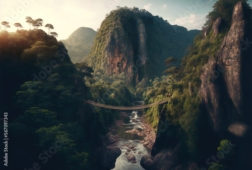 A rope bridge over a river gorge in the jungle. Made with Generative AI. 