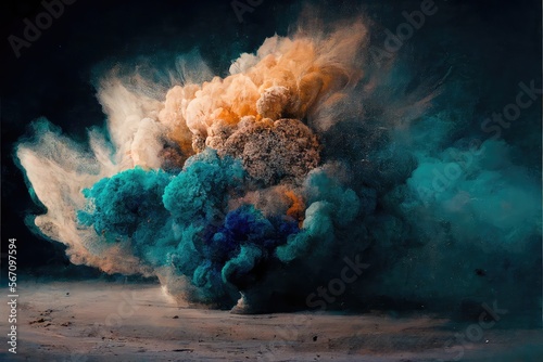 Orange and blue explosion of paint, dust on holi festival, abstract background. Generative AI © masharinkaphotos