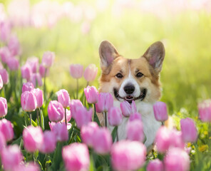 cute corgi dog puppy sits among bright pink tulip buds on a sunny spring day day