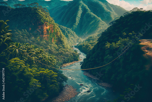 A rope bridge over a river gorge in the jungle. Made with Generative AI.  