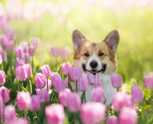 cute corgi dog puppy sits among bright pink tulip buds on a sunny spring day day