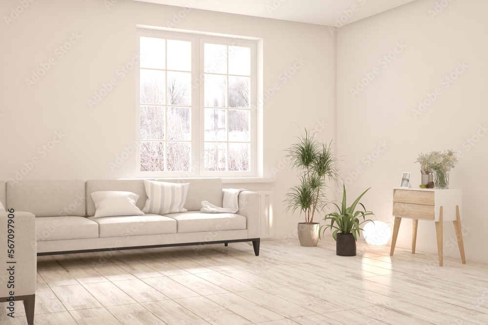 Fototapeta premium White living room with sofa and winter landscape in window. Scandinavian interior design. 3D illustration