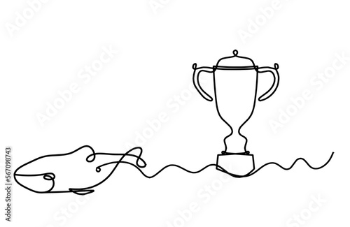 Silhouette of fish and trophy as line drawing on white background