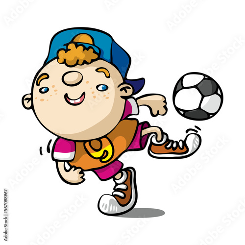 Funny boy playing with football ball