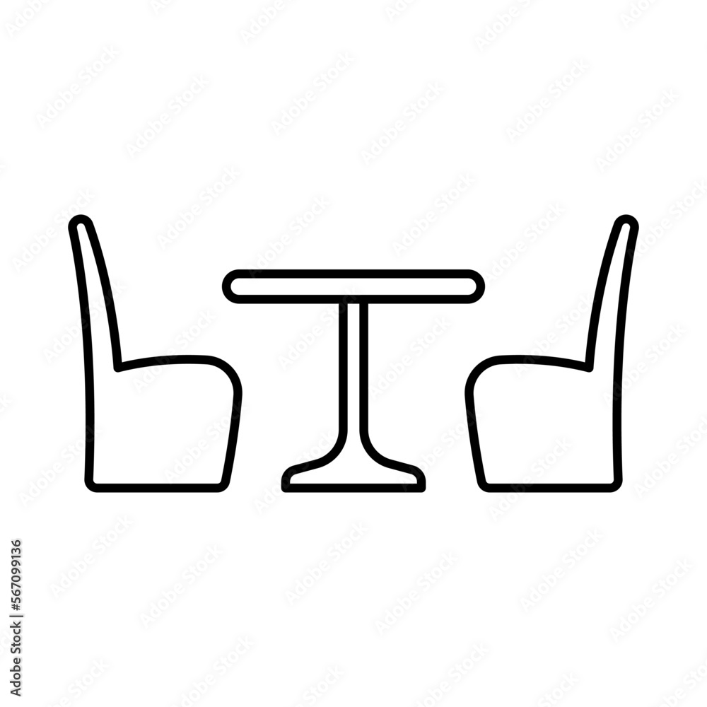 Table and chairs icon. Black contour linear silhouette. Front side view. Editable strokes. Vector simple flat graphic illustration. Isolated object on a white background. Isolate. Table and chairs icon. Black contour linear silhouette. Front side view. Editable strokes. Vector simple flat graphic illustration. Isolated object on a white background. Isolate.