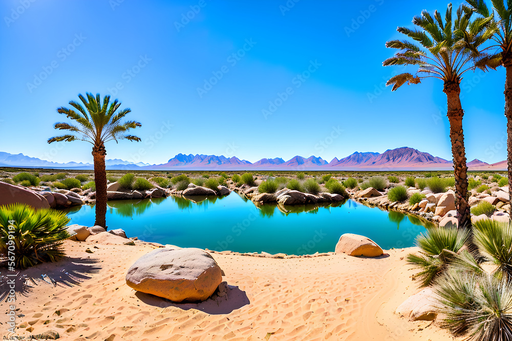 Paesaggio desertico. Oasi con palme, acqua, montagne e rocce