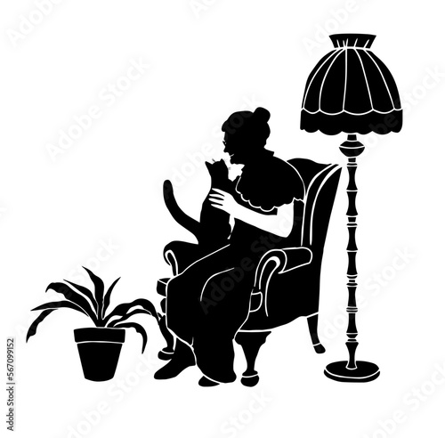 An elderly woman drinks tea while sitting in an armchair at home. vector illustration