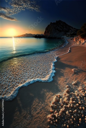 Colorful mediterranean beach sunrise with deep blue sky and sunbeams - Generative AI image photo