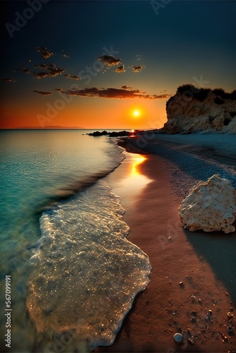 Colorful mediterranean beach sunrise with deep blue sky and sunbeams - Generative AI image photo