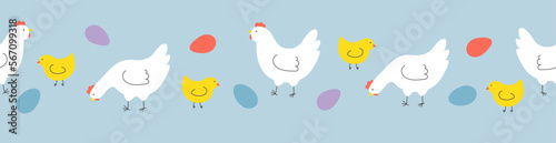 Seamless border with hens, chickens and eggs on blue background. Template for Easter decor, invitation, cards.