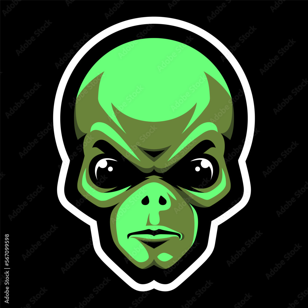Alien head icon. Green humanoid. Ufo. Sport mascot. T-shirt print. Alien head icon. Green humanoid. Ufo. Sport mascot. T-shirt print.