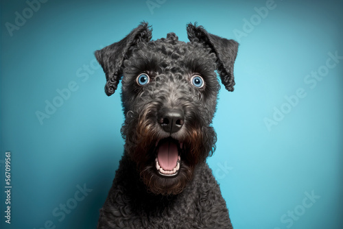 Studio portrait of a kerry blue terrier dog with a surprised face, concept of Posed Photography and Pet Portrait, created with Generative AI technology photo