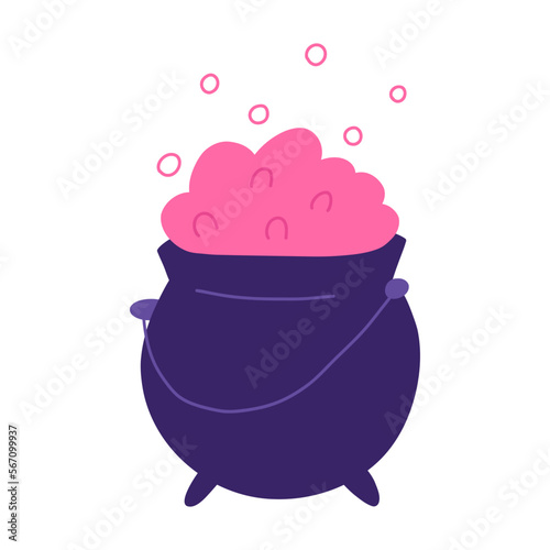 Hand drawn cauldron, cartoon flat vector illustration isolated on white background. Magical cauldron with brewing potion. Concepts of magic and witchcraft.