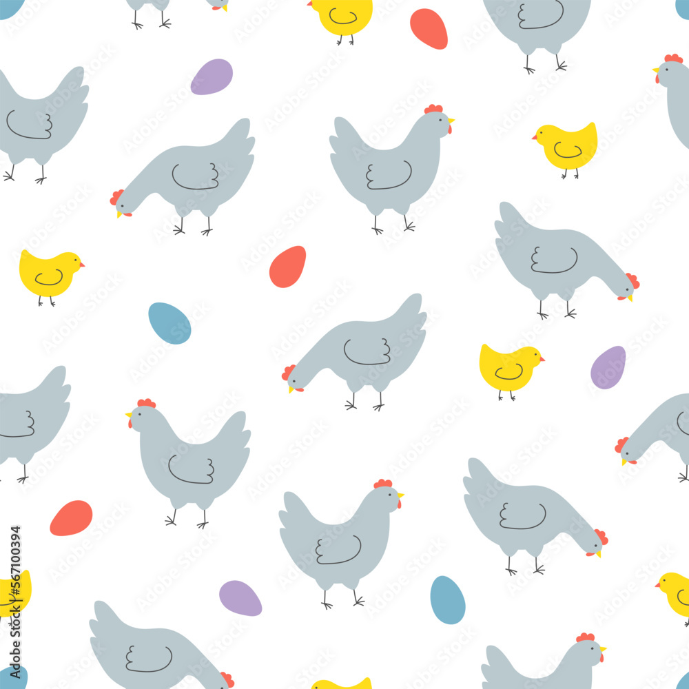 Seamless pattern with hens, chickens and eggs. Background for Easter, decor, invitation, cards.