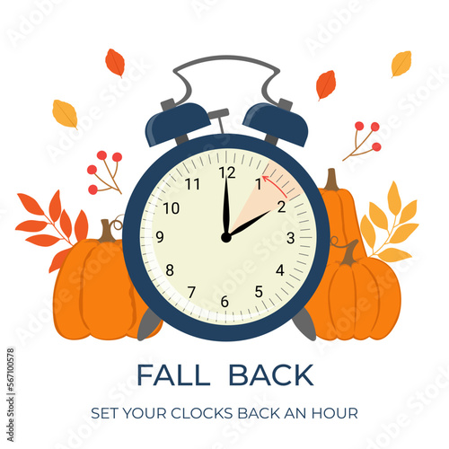Daylight saving time ends concept banner. Fall Back time. Allarm clock with autumn leaves, branches and pumpkins.