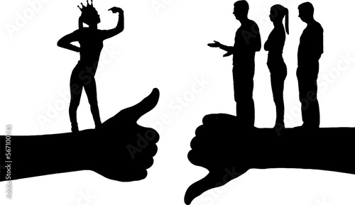 Selfishness. An arrogant selfish woman with a crown who thinks she is better than other people. Vector silhouette