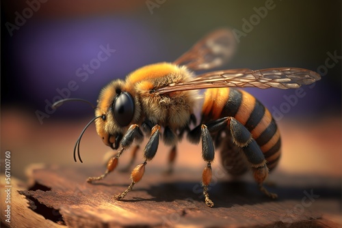 Close up of bee (Apis Mellifera), European or Western honey bee sitting on wooden beehive - Generative AI image © losmostachos