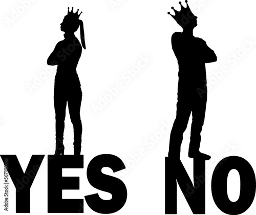 Silhouette of a selfish couple with crowns on their heads turned away from each other can not agree. Vector silhouette