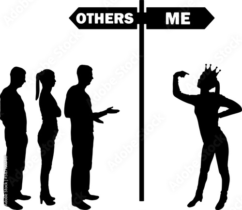 A woman is selfish with a crown, showing her superiority over other people. Vector silhouette