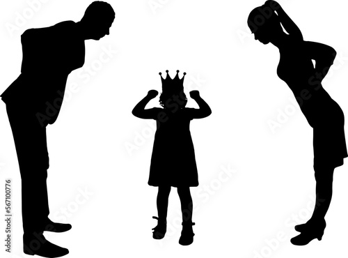 Dissatisfied parents Dad and Mom look at a selfish child girl with a crown on her head. Concept of behavior of children's egoism and whims. Vector silhouette