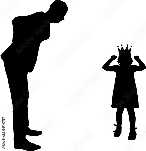 Dissatisfied parent dad and selfish child girl with crown is naughty. Vector Silhouette. Concept of behavior is childish egoism and upbringing.