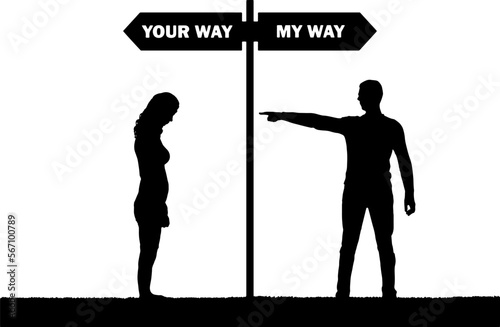 Silhouette of an egoistic man and a sad woman whom he drives away. Vector Silhouette