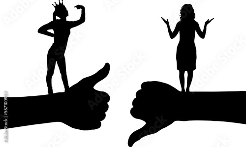 Selfishness and ego. An arrogant selfish woman with a crown who thinks she is better than another woman. Vector silhouette