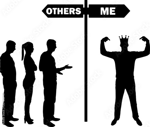 A selfish man with a crown on his head positions himself as a man who is more important than the rest. Vector silhouette