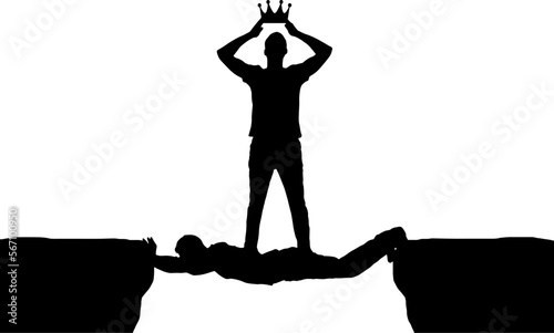 Selfish man puts a crown on his head, he stands on a man in the form of a bridge over a precipice. Vector Silhouette
