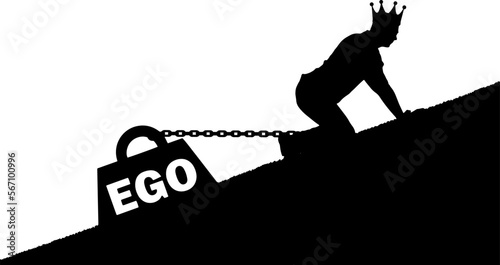 Silhouette of an egotistic man with a crown on his head creeps up. To his feet is bound the load - the ego. Vector Silhouette