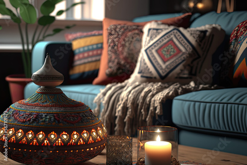 Bohemian sofa with living room interior design with furniture close up