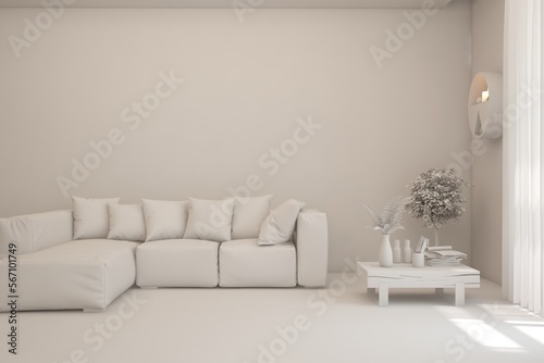 White minimalist living room with sofa. Scandinavian interior design. 3D illustration