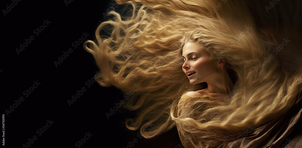 Beautiful blond womaan with extremly long hair banner , Generative AI illustration
