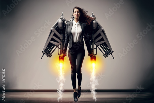 Start-up lift off concept, Businesswoman wearing rocket jet pack, Generative AI illustration photo