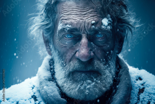 Portrait of handsome senior man covered with frost and snow, Generative AI illustration
