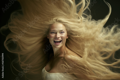 Beautiful blond woman with extremely long hair , Generative AI illustration
