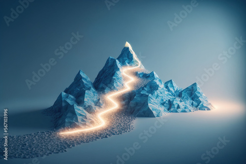 Path to success concept, with glowing light path going up the mountain , Generative AI illustration
