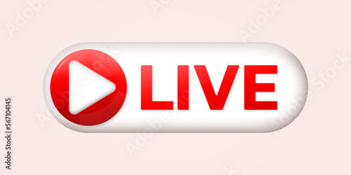 Live stream 3d icon or logo with play button. Broadcast, livestream sign. Vector illustration.