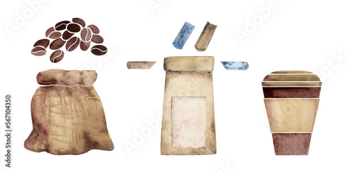 Watercolor hand drawn set of objects. Paper coffee cup with lid, bag, jute, roasted beans. Isolated on white background. For invitations, cafe, restaurant food menu, print, website, cards