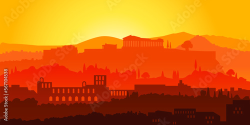 Acropolis Athens Greece silhouette illustration. Athens skyline. Parthenon.