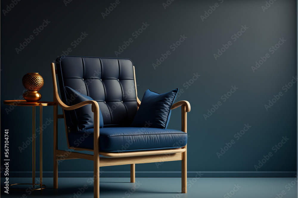 Modern wooden blue fabric living room armchair on empty dark blue wall background. Modern wooden blue fabric living room armchair on empty dark blue wall background.